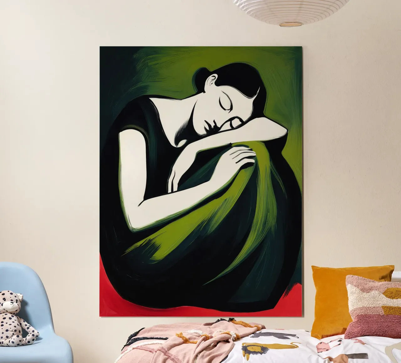 Vrouw in rust | Schilderij in groen en rood hahnemühle van Autofocus