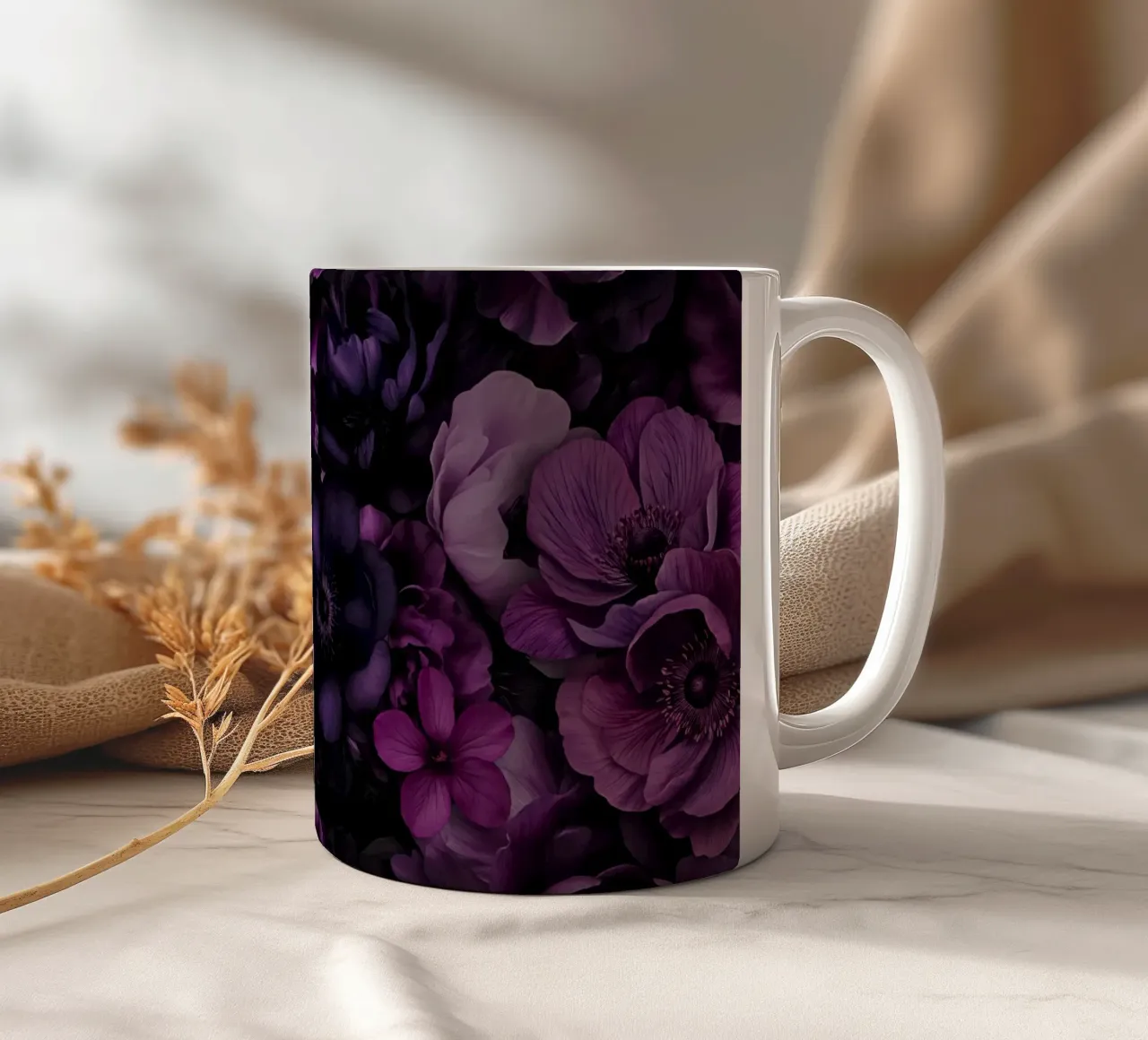 Bloemen Symfonie Fuchsia Pruim Blauw keramische mok van Andrea Haase Floral Passion