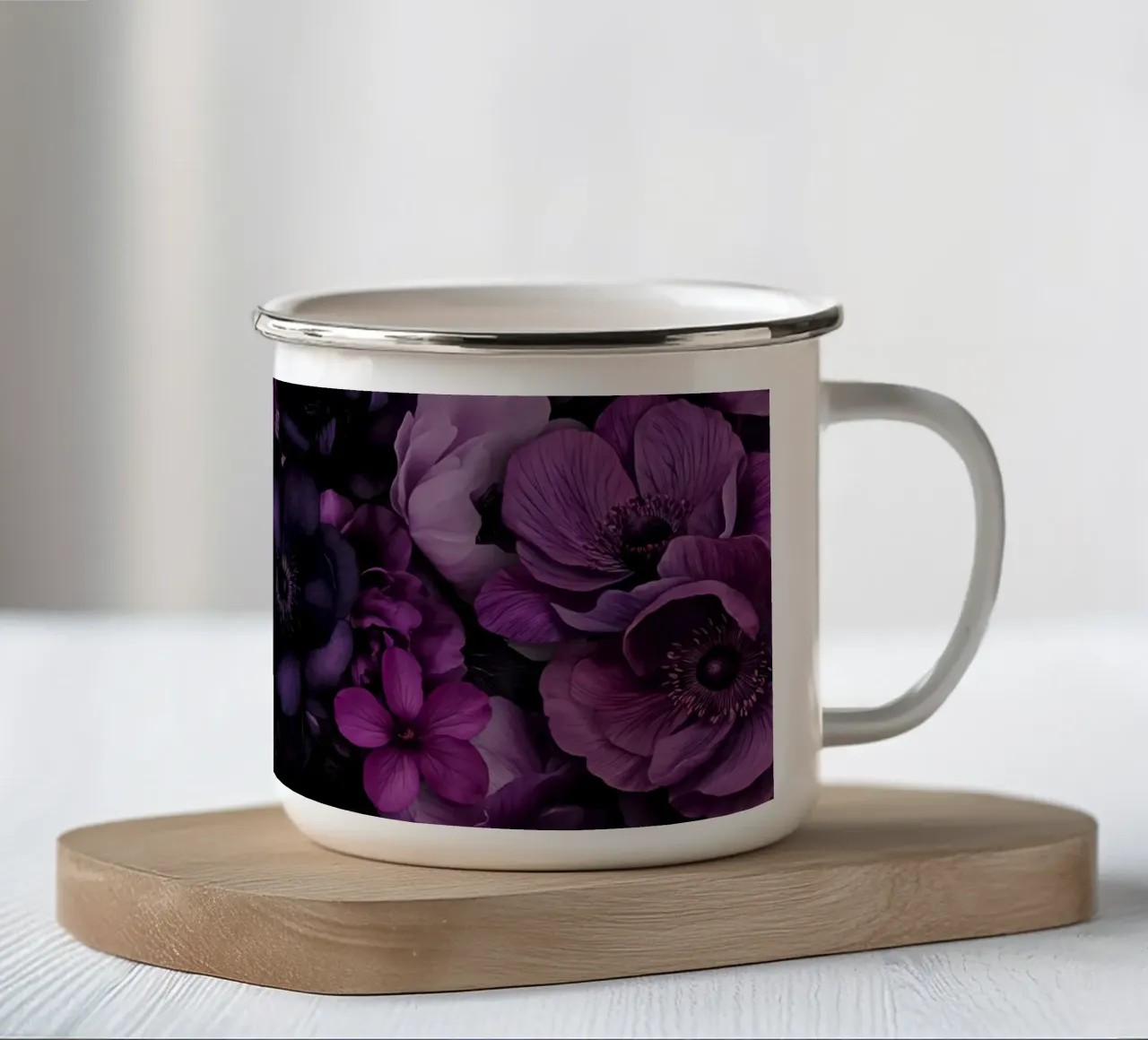 Bloemen Symfonie Fuchsia Pruim Blauw emaille mok van Andrea Haase Floral Passion