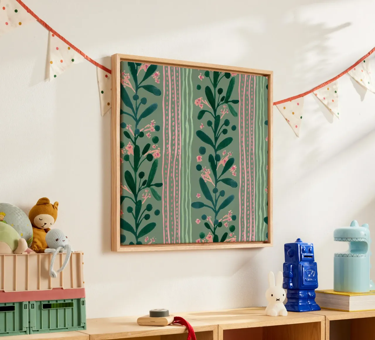 Green peach dotted floral lines canvas met Baklijst van kosarandrea