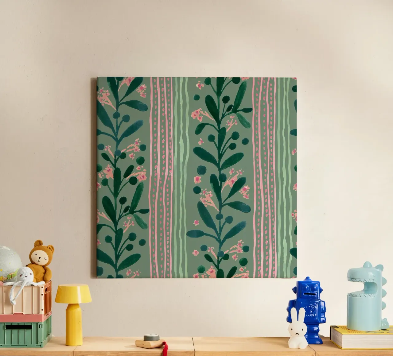 Green peach dotted floral lines canvas met Baklijst van kosarandrea