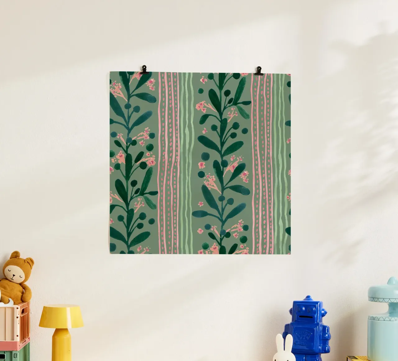 Green peach dotted floral lines poster con telaio in legno da kosarandrea