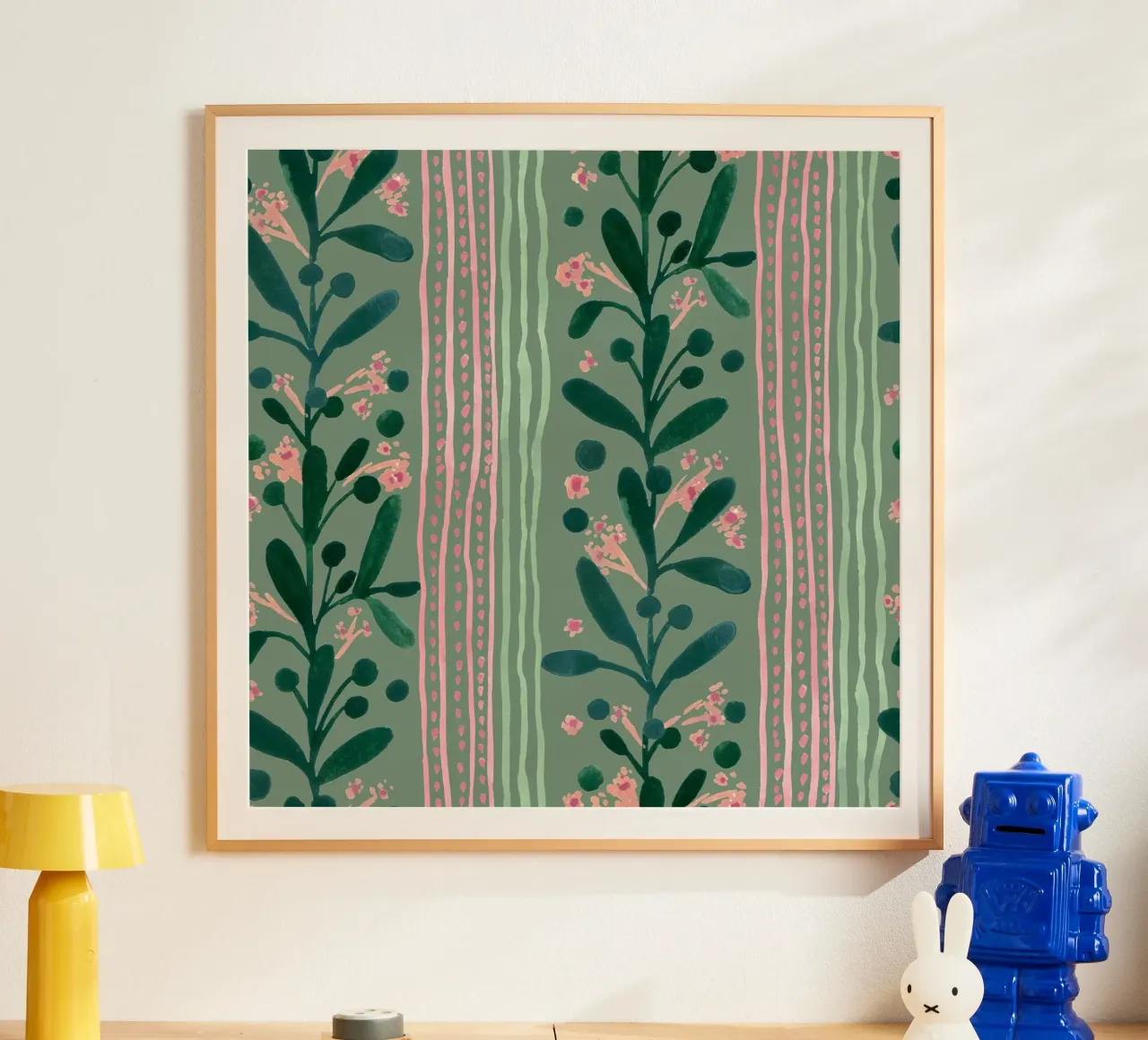 Green peach dotted floral lines poster con telaio in legno da kosarandrea