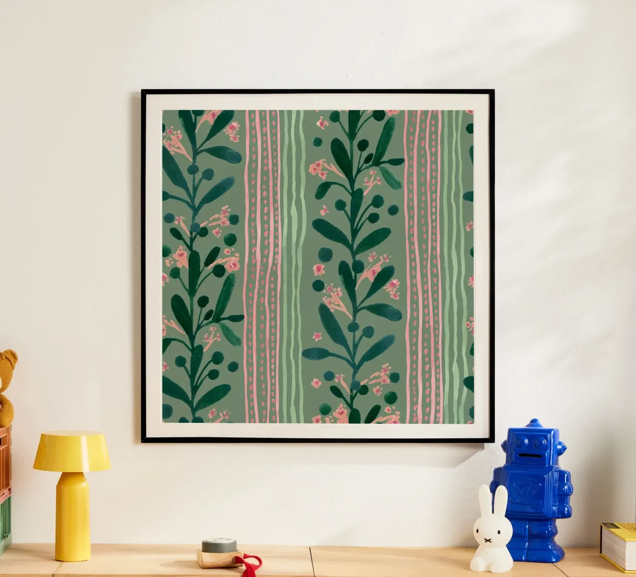 Green peach dotted floral lines poster con telaio in legno da kosarandrea