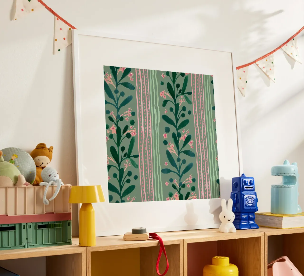 Green peach dotted floral lines poster con telaio in legno da kosarandrea
