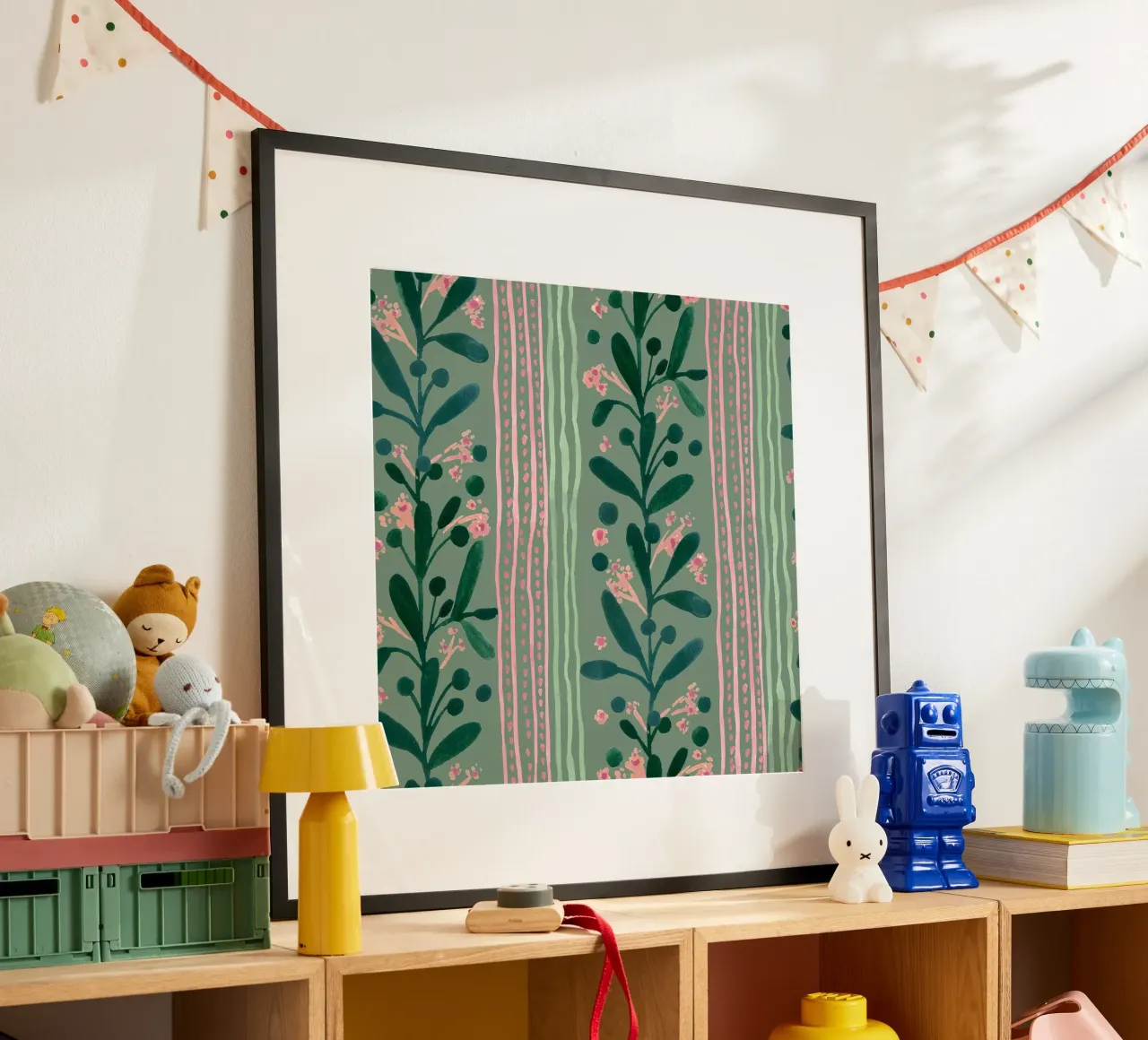 Green peach dotted floral lines poster con telaio in legno da kosarandrea