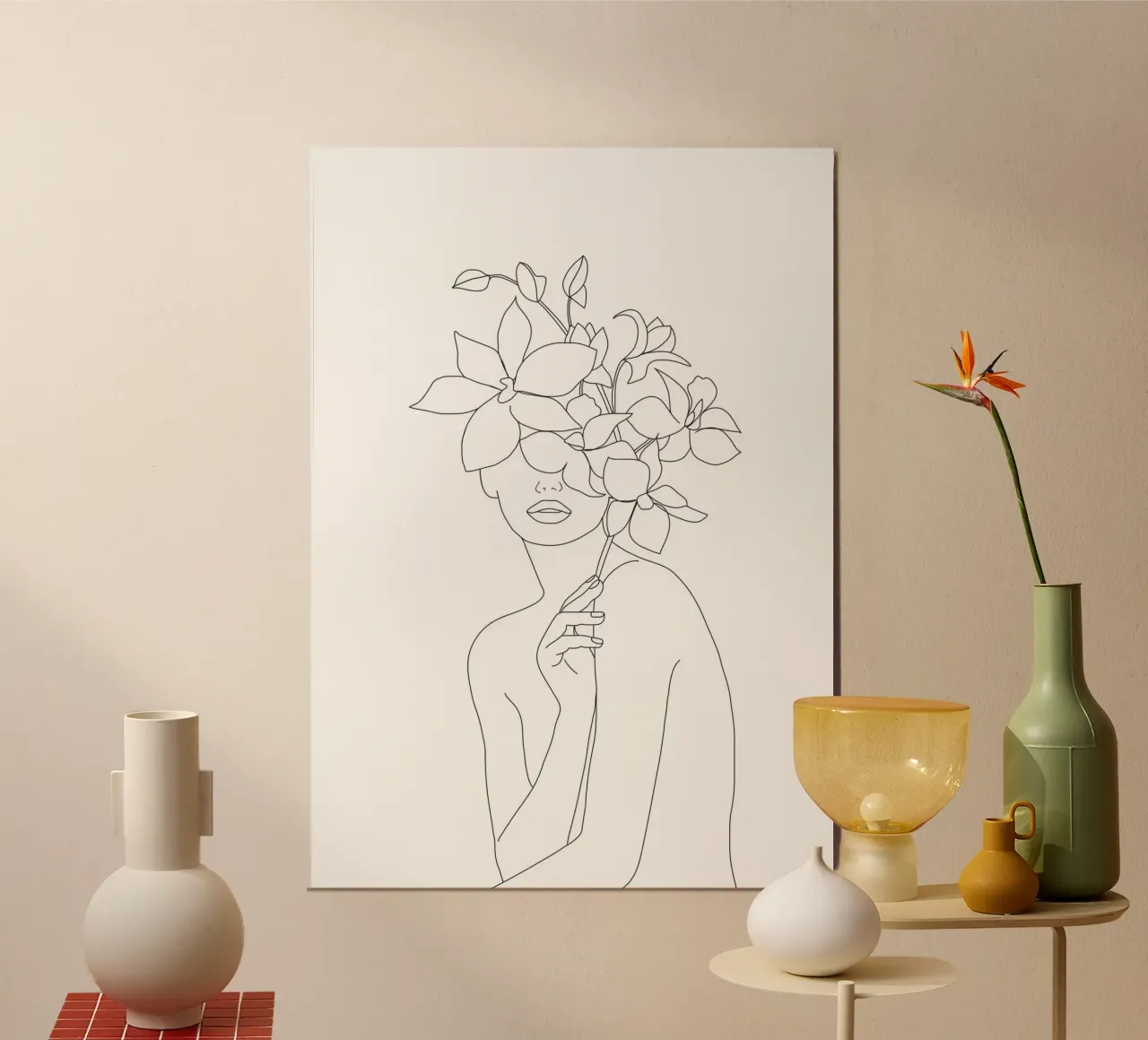 Minimal Line Art Woman with Orchids alluminio dibond da Nadjaa