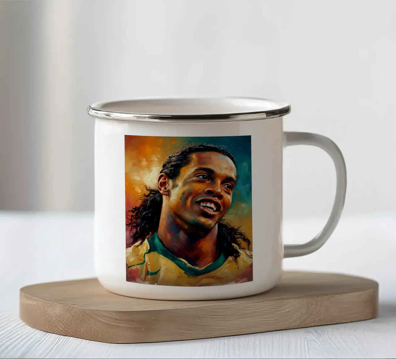 Ronaldinho con l'iconico sorriso tazza in smalto da Lembayung art