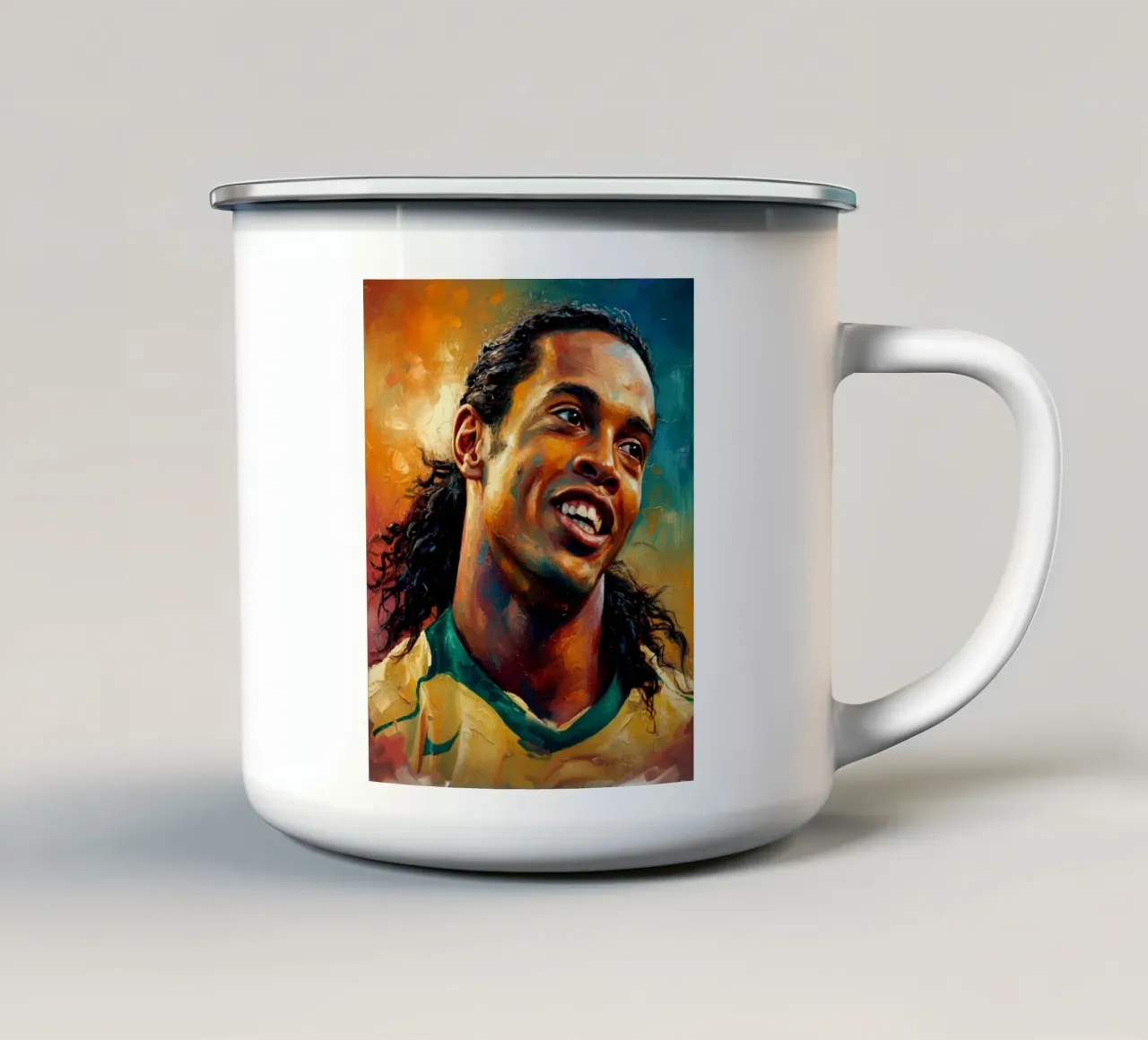 Ronaldinho con l'iconico sorriso tazza in smalto da Lembayung art
