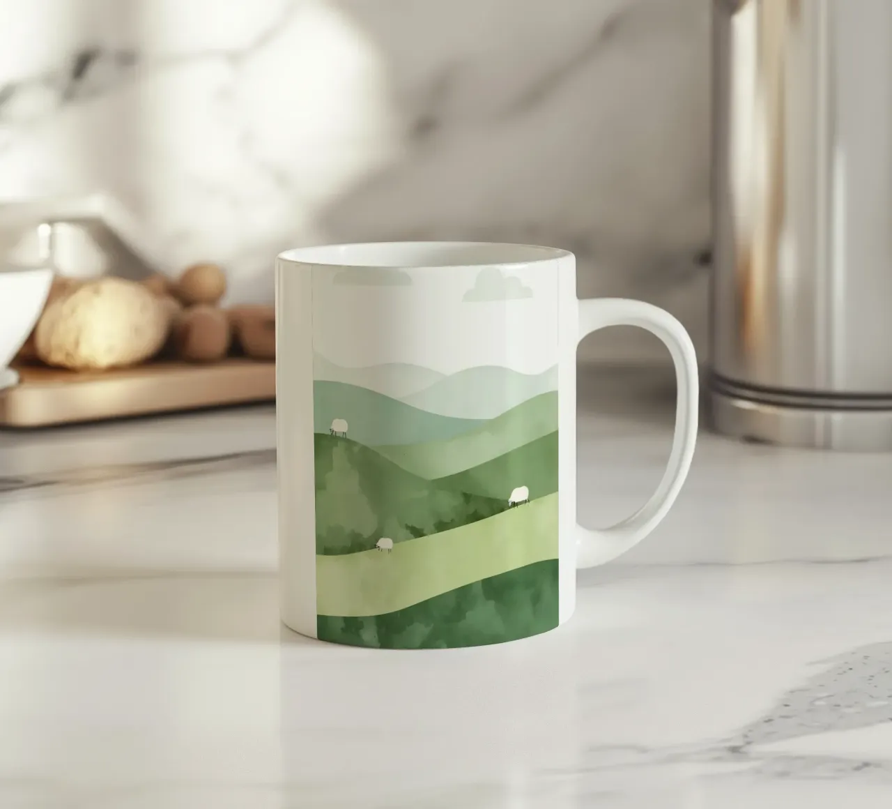 Vivaio carino Colline ondulate con pecore e nuvole tazza in ceramica da DesignDoodle