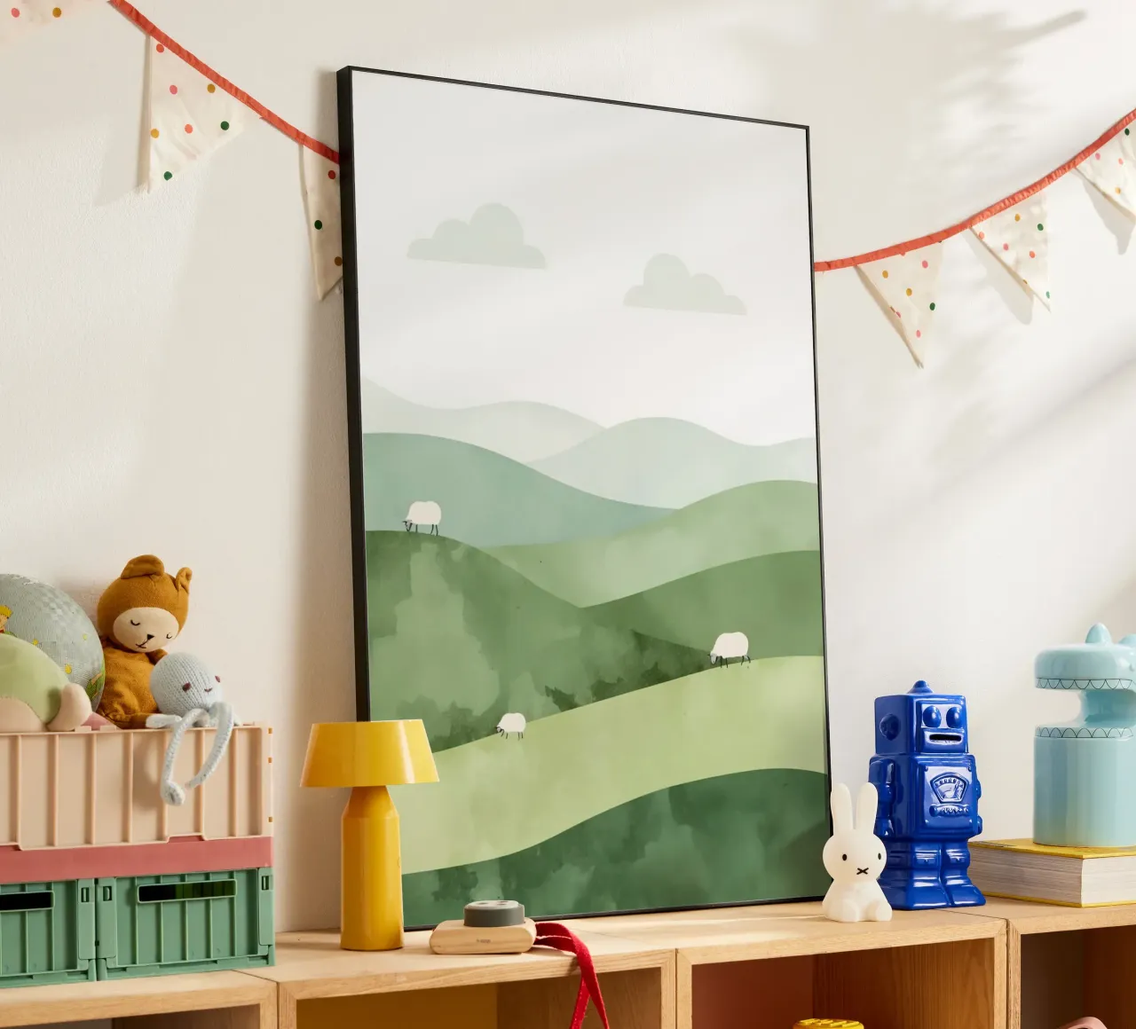 Vivaio carino Colline ondulate con pecore e nuvole alluminio dibond da DesignDoodle