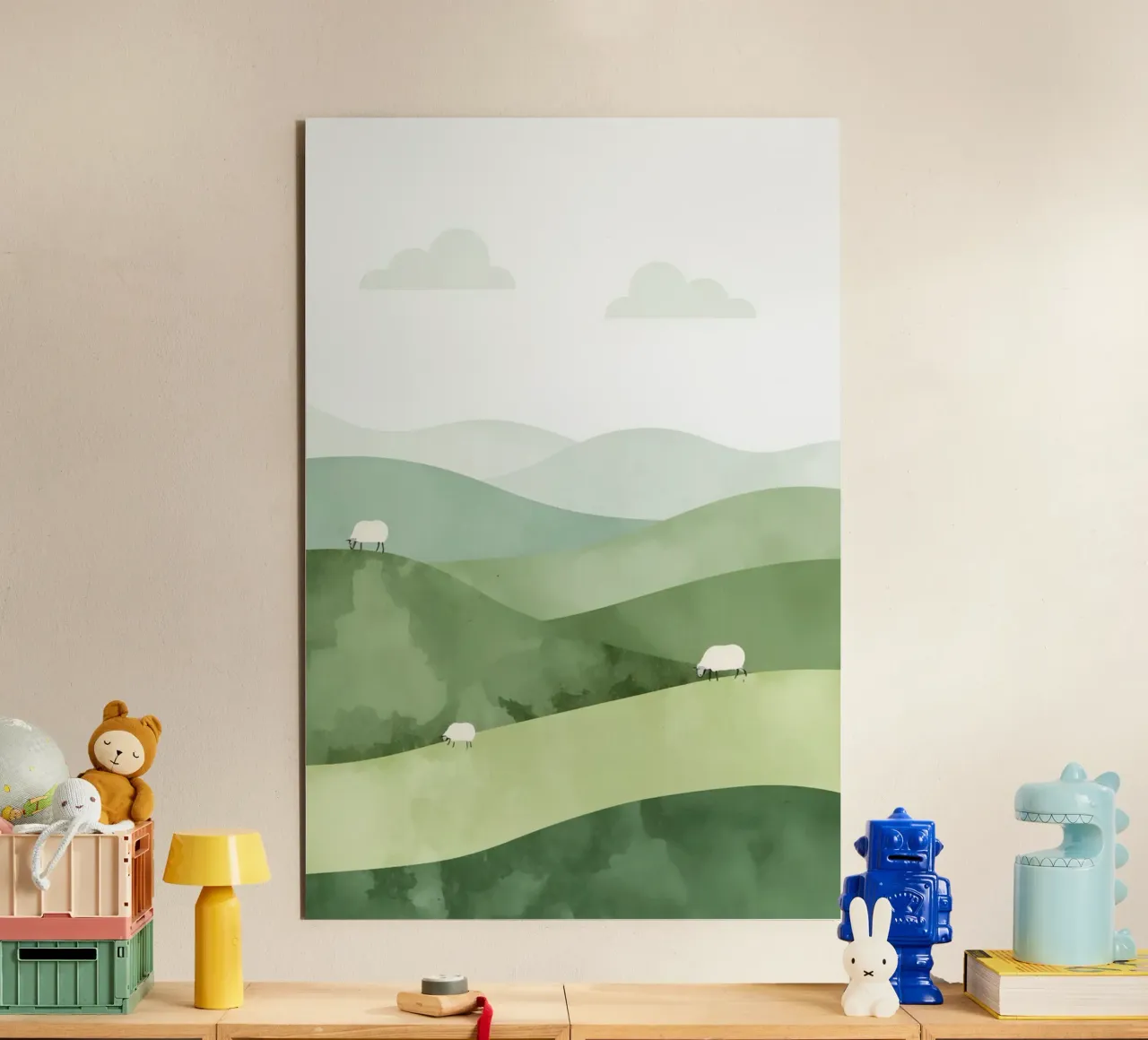 Vivaio carino Colline ondulate con pecore e nuvole alluminio dibond da DesignDoodle