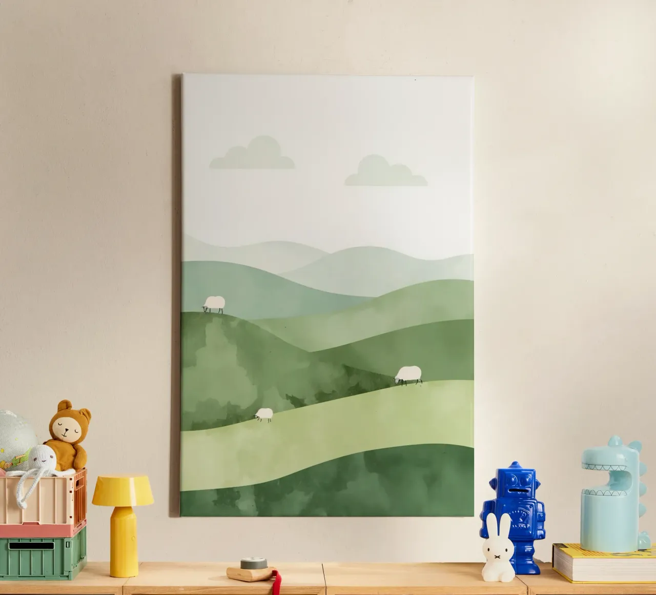 Cute Nursery Rolling Hills with Sheep and Clouds canvas by DesignDoodle