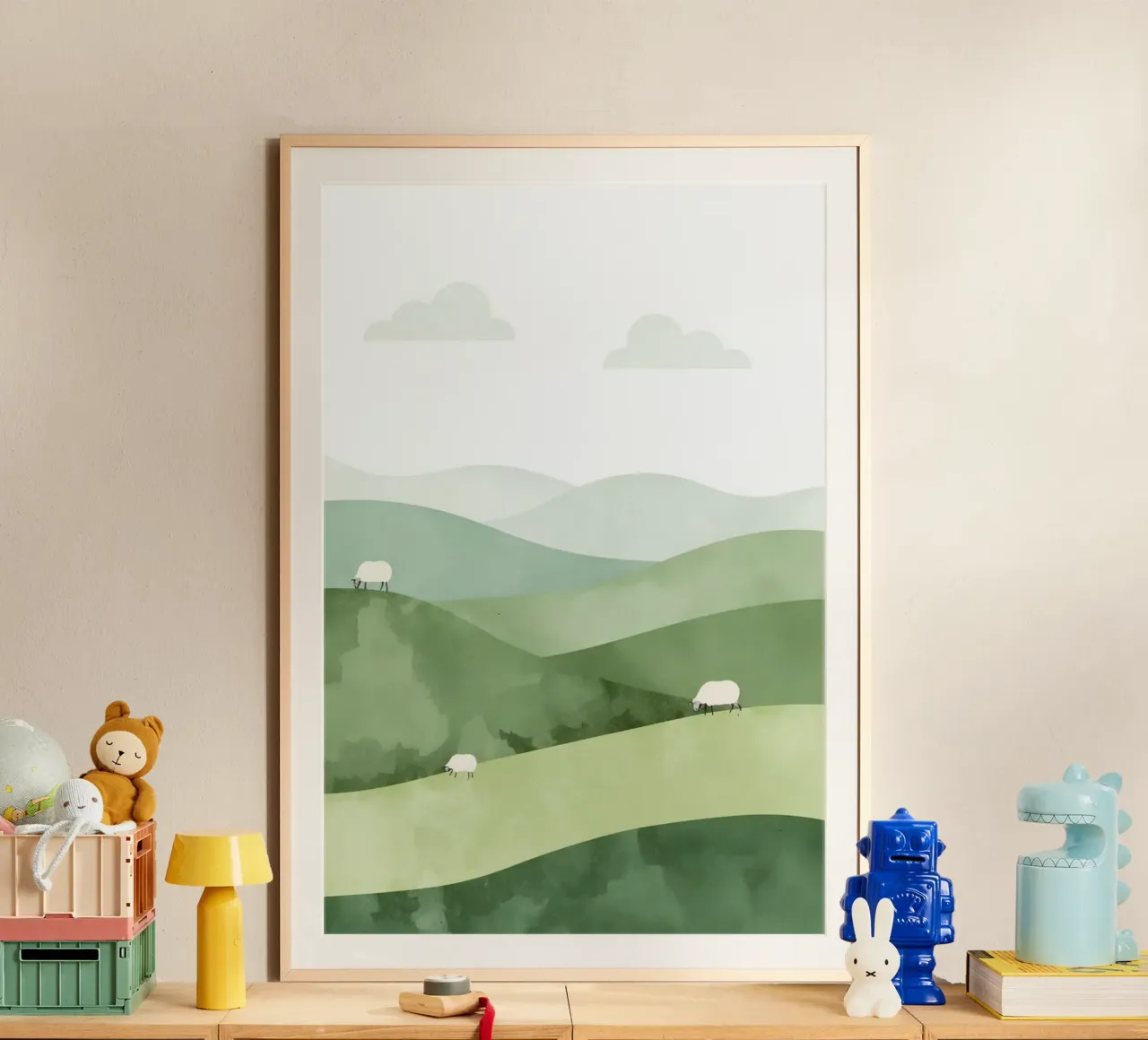 Vivaio carino Colline ondulate con pecore e nuvole carta hahnemühle da DesignDoodle
