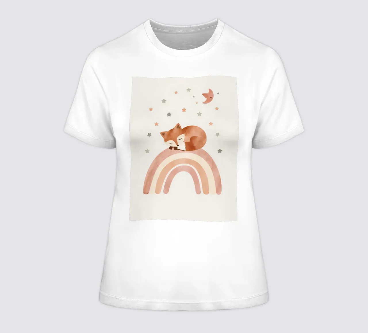 Simpatica volpe addormentata sull'arcobaleno con elementi celestiali t-shirt da donna da DesignDoodle