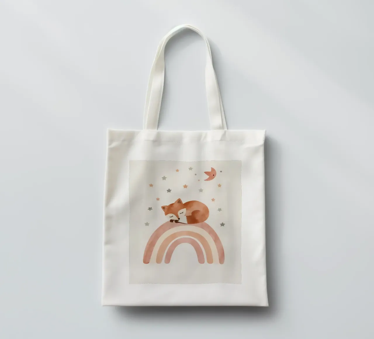 Simpatica volpe addormentata sull'arcobaleno con elementi celestiali borsa in juta da DesignDoodle