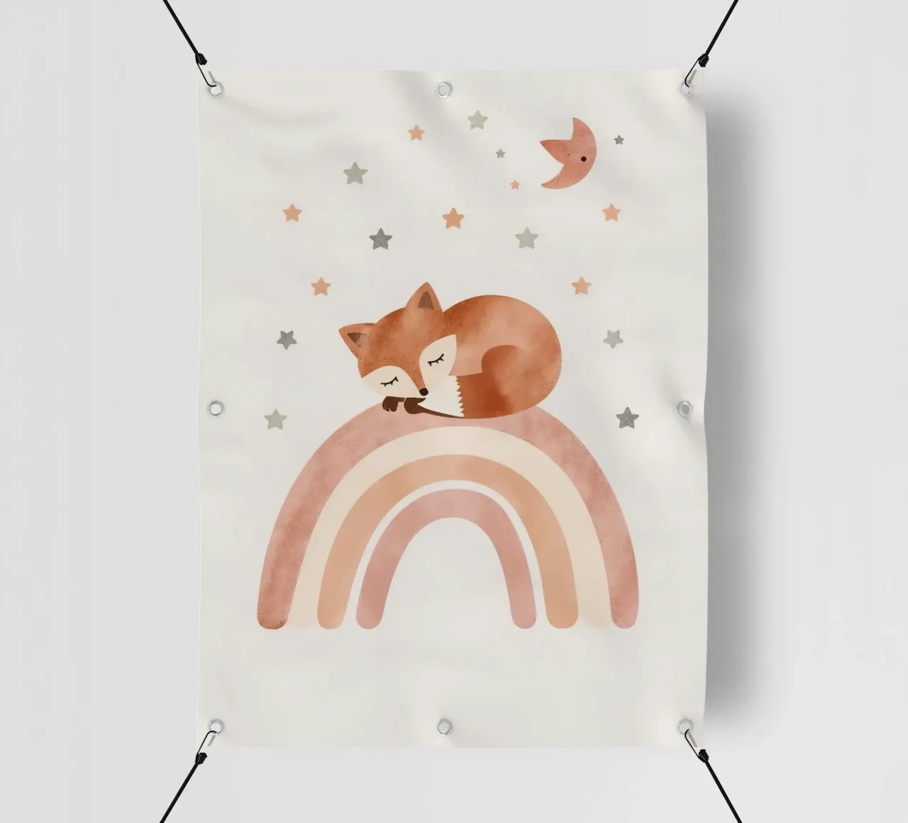Simpatica volpe addormentata sull'arcobaleno con elementi celestiali telo in pvc da DesignDoodle