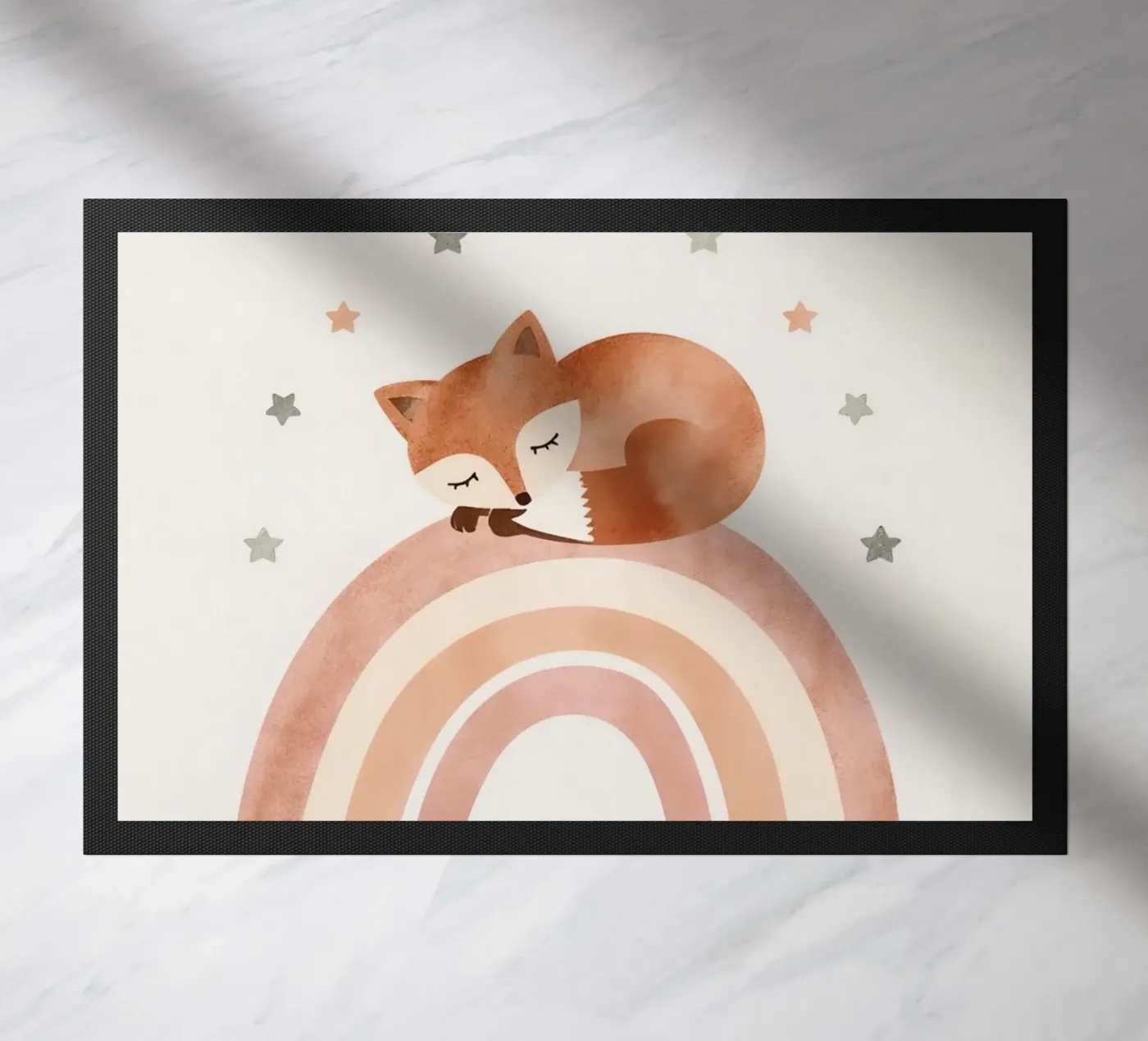 Cute Sleeping Fox on Rainbow with Celestial Elements doormat by DesignDoodle