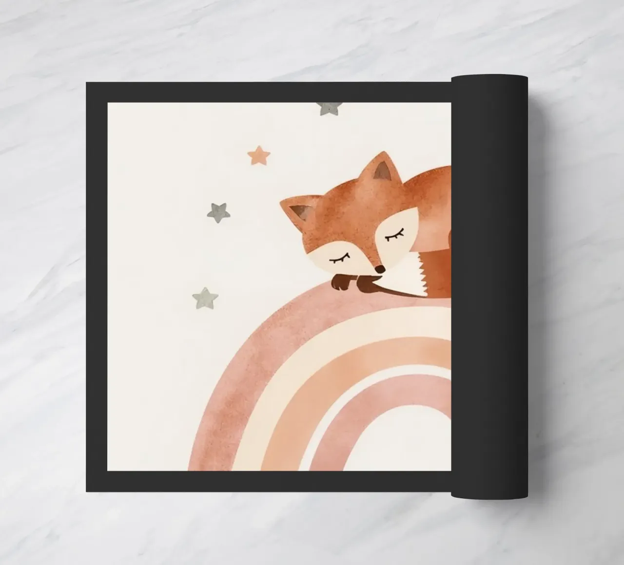 Simpatica volpe addormentata sull'arcobaleno con elementi celestiali zerbino da DesignDoodle