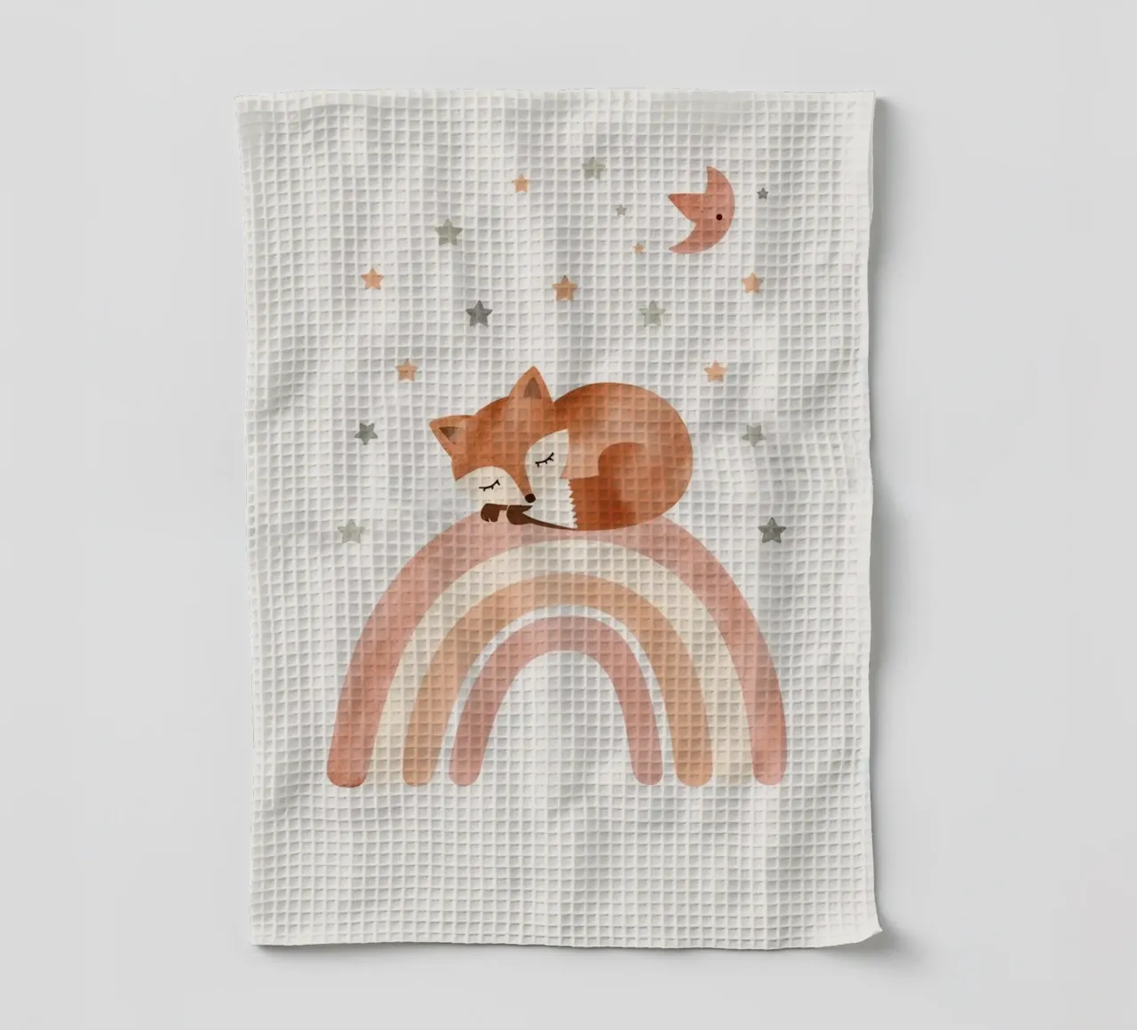 Simpatica volpe addormentata sull'arcobaleno con elementi celestiali canovaccio da cucina da DesignDoodle