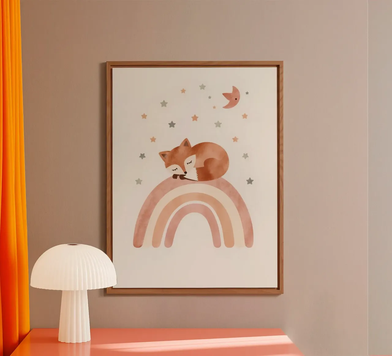 Simpatica volpe addormentata sull'arcobaleno con elementi celestiali pannello forex da DesignDoodle
