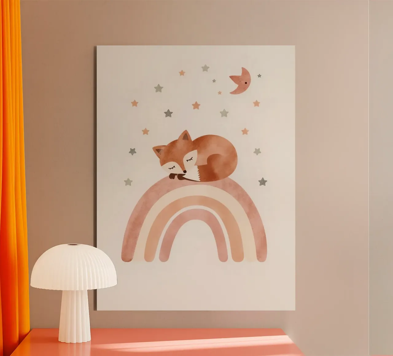 Simpatica volpe addormentata sull'arcobaleno con elementi celestiali pannello forex da DesignDoodle