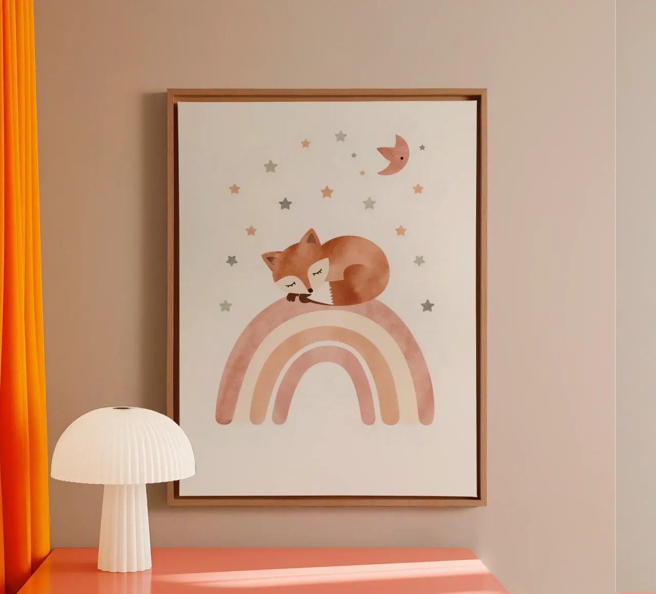 Simpatica volpe addormentata sull'arcobaleno con elementi celestiali tela da DesignDoodle