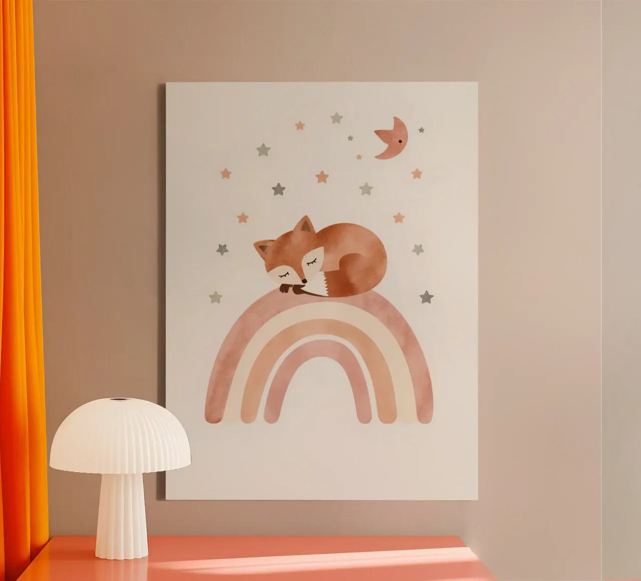 Simpatica volpe addormentata sull'arcobaleno con elementi celestiali tela da DesignDoodle