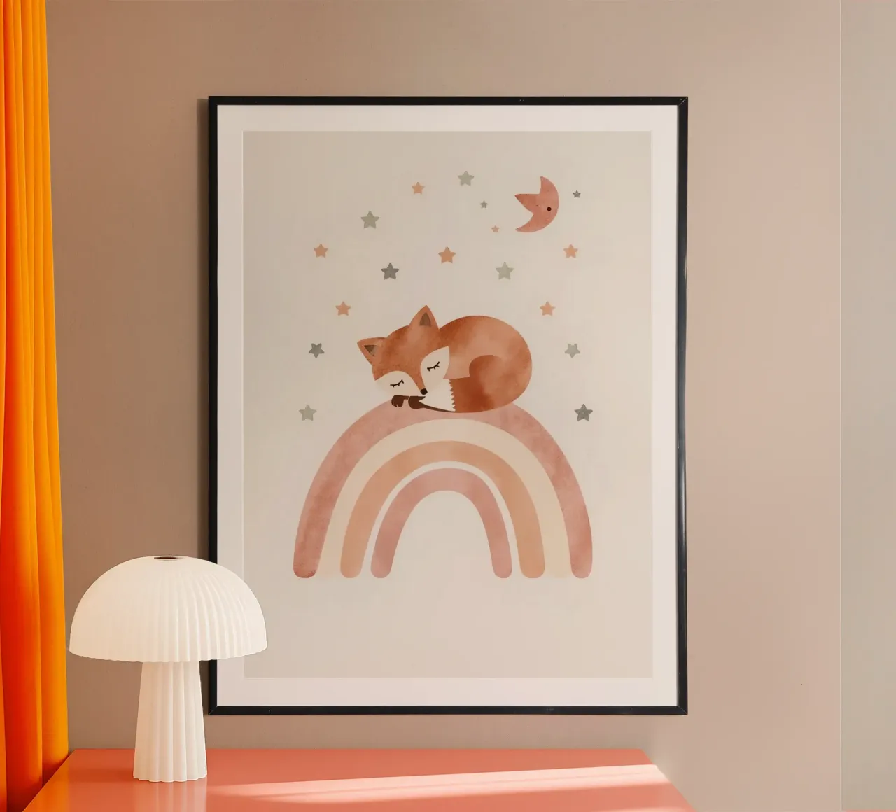 Simpatica volpe addormentata sull'arcobaleno con elementi celestiali poster da DesignDoodle