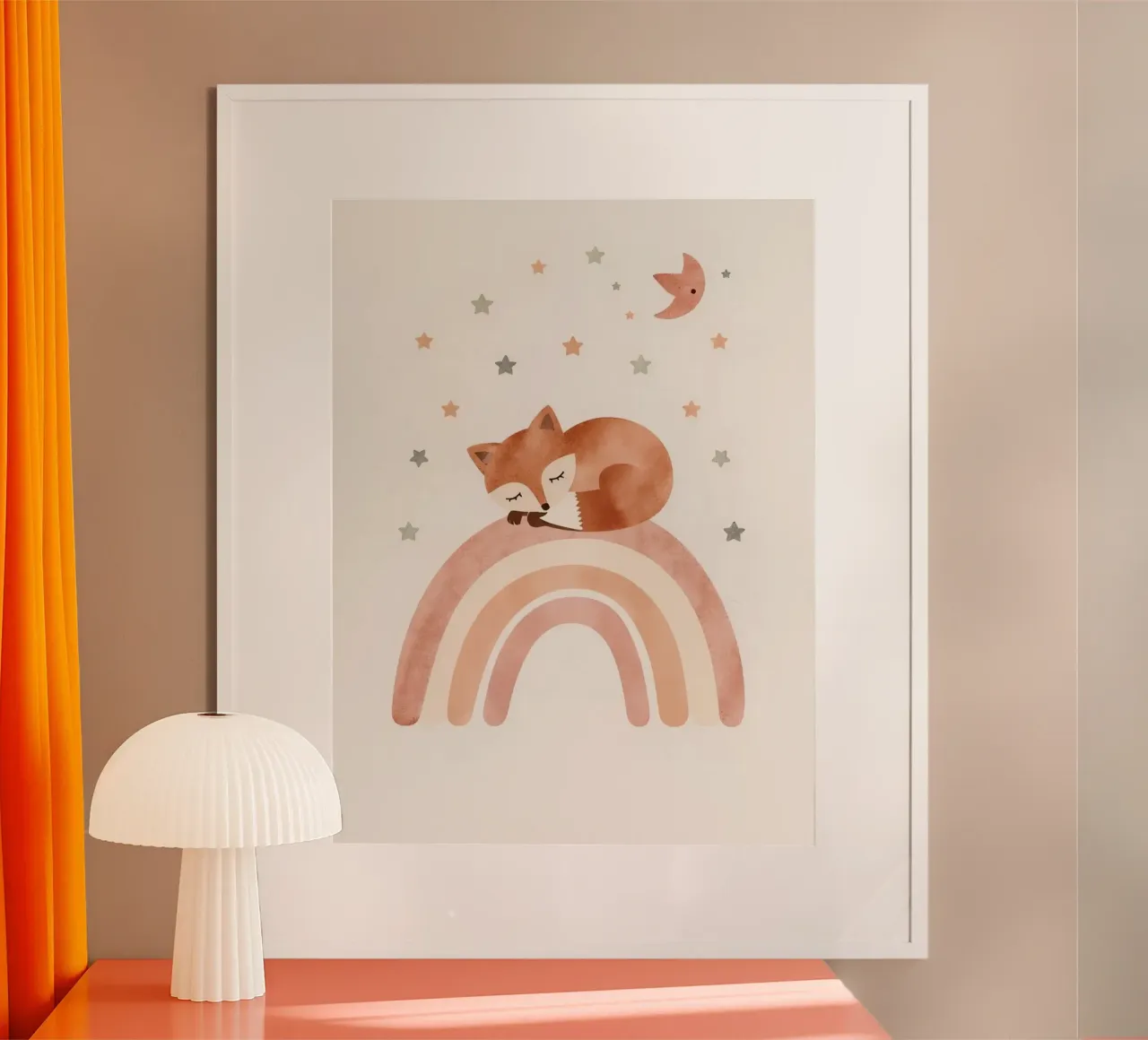 Simpatica volpe addormentata sull'arcobaleno con elementi celestiali poster da DesignDoodle