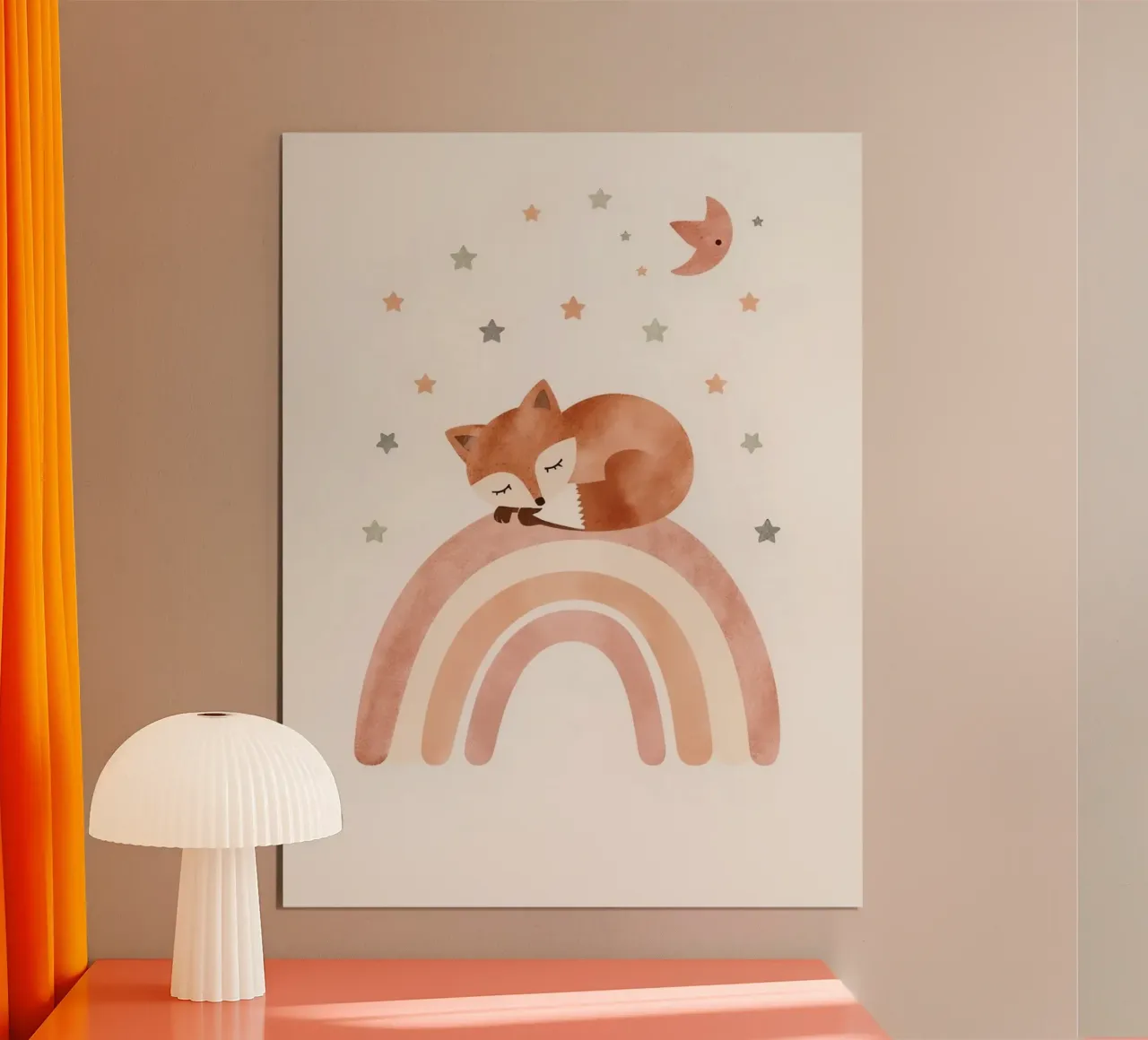 Simpatica volpe addormentata sull'arcobaleno con elementi celestiali poster da DesignDoodle