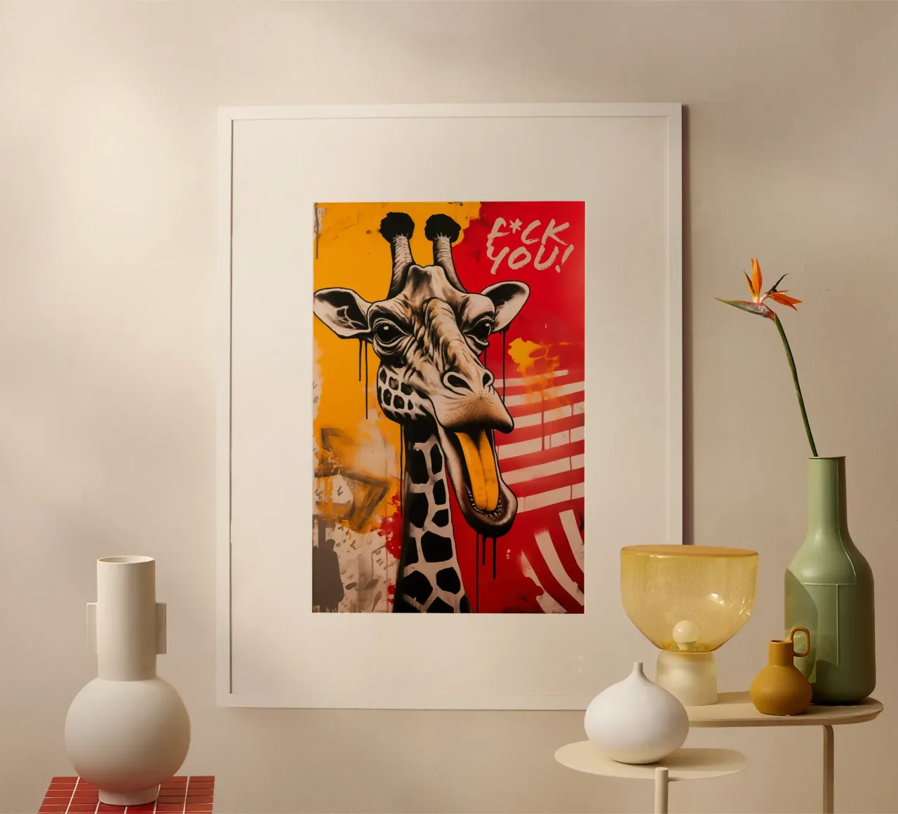 Freche F*ck You Giraffe | Arte di strada poster con telaio in legno da Autofocus