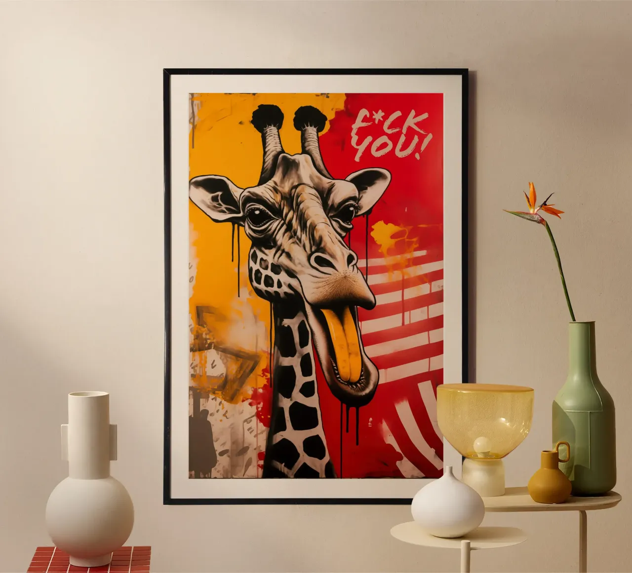 Freche F*ck You Giraffe | Arte di strada poster con telaio in legno da Autofocus