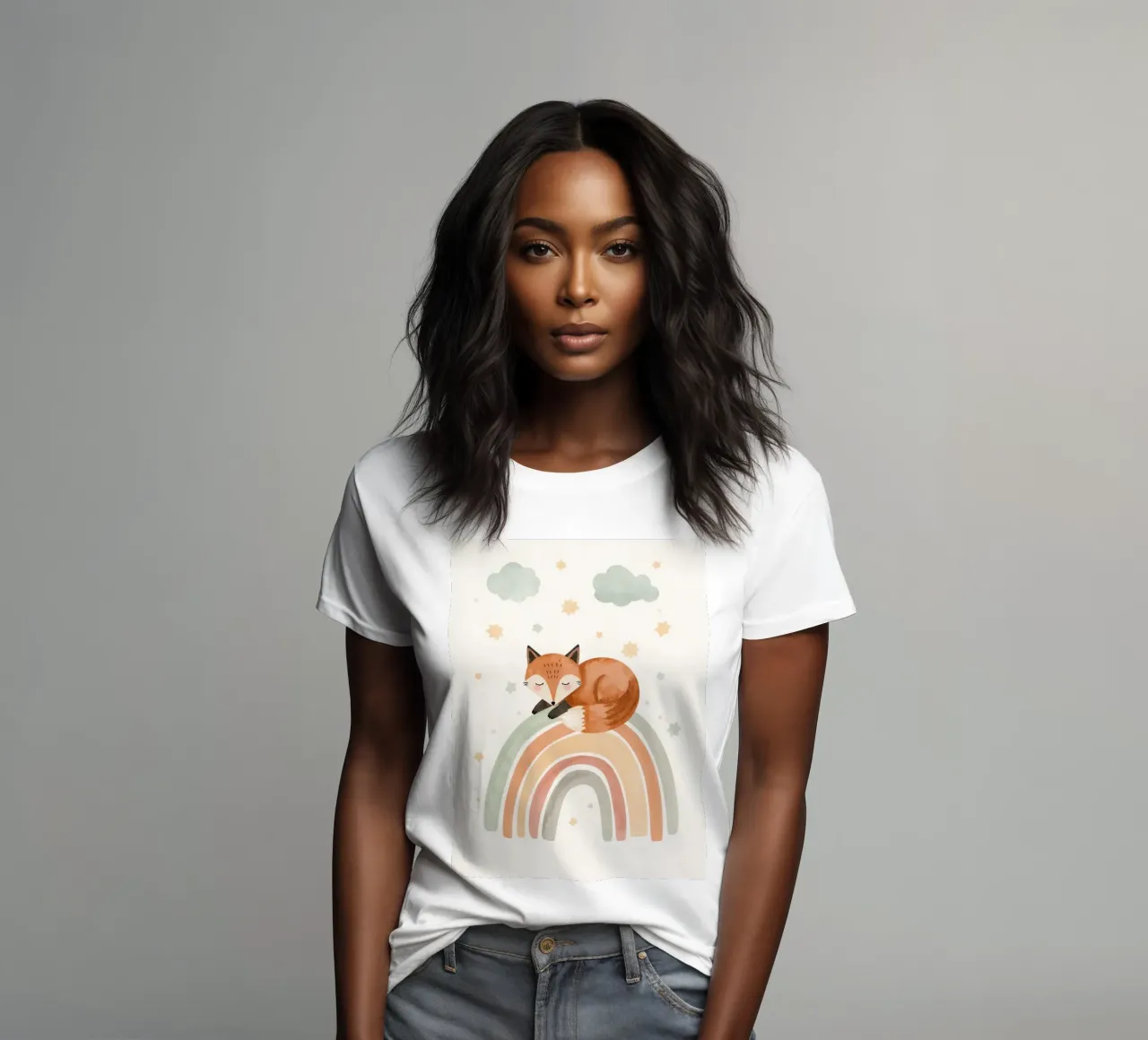 Volpe addormentata sull'arcobaleno con nuvole e stelle t-shirt da donna da DesignDoodle