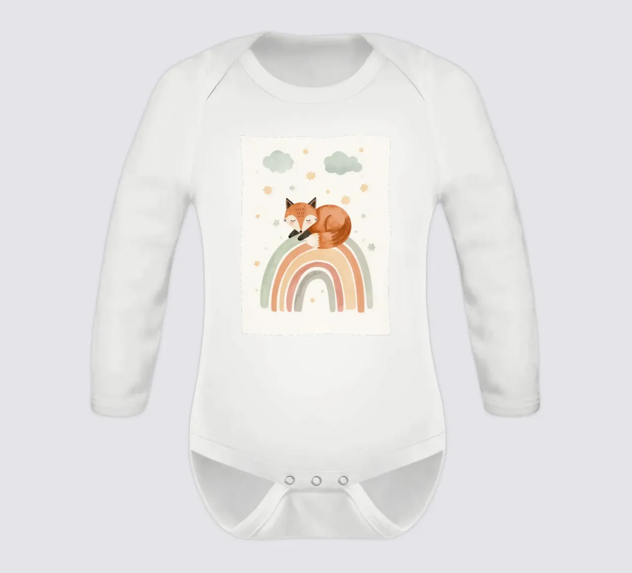 Mignon renard endormi sur un arc-en-ciel avec des nuages et des étoiles body manches longues de DesignDoodle