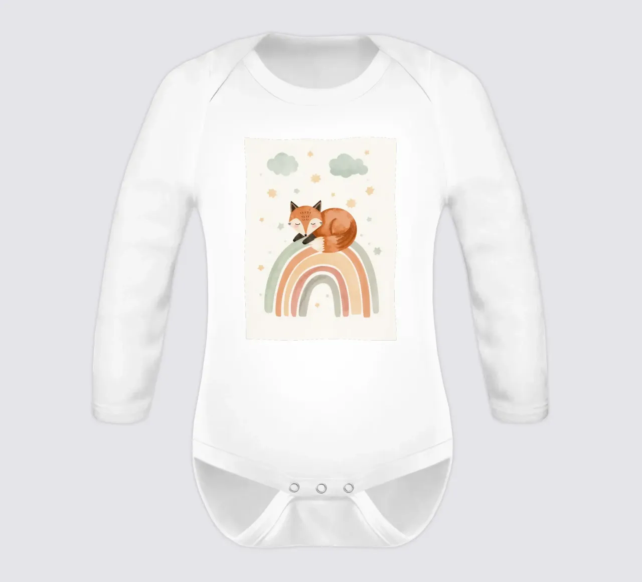 Mignon renard endormi sur un arc-en-ciel avec des nuages et des étoiles body manches longues de DesignDoodle