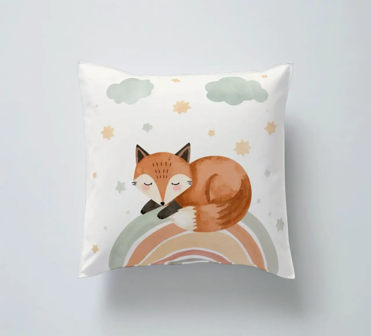 Volpe addormentata sull'arcobaleno con nuvole e stelle cuscino da DesignDoodle