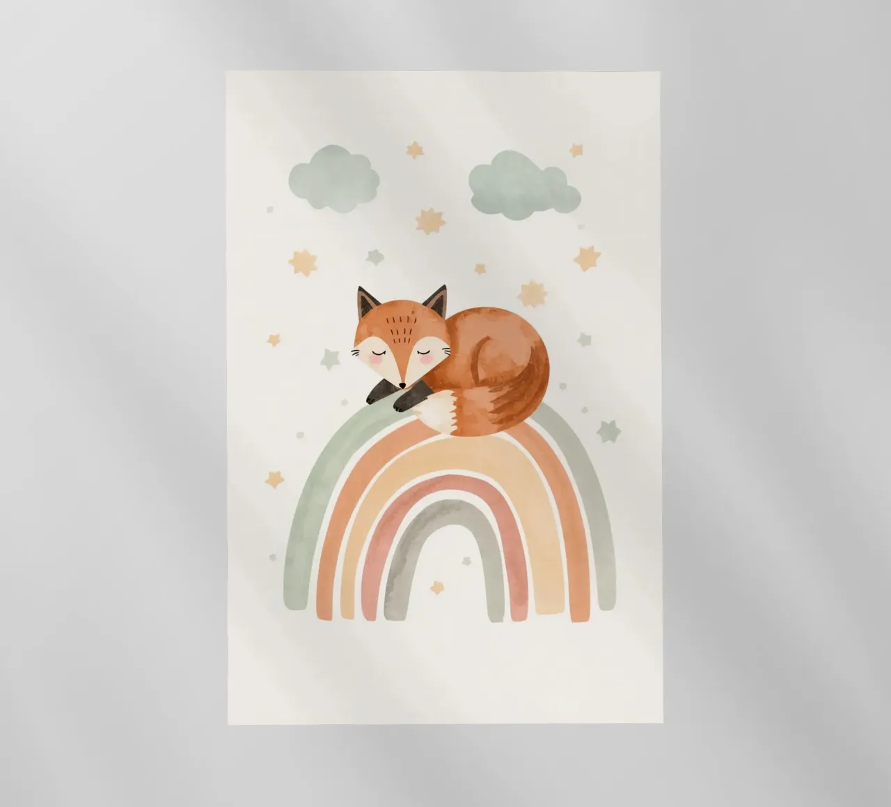Volpe addormentata sull'arcobaleno con nuvole e stelle pellicola backlit da DesignDoodle