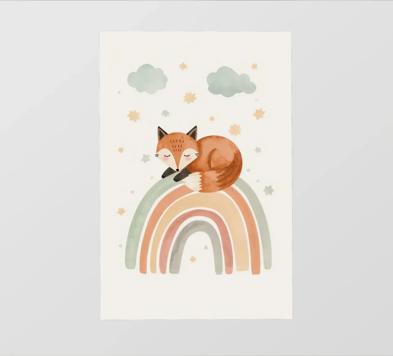 Volpe addormentata sull'arcobaleno con nuvole e stelle pellicola backlit da DesignDoodle