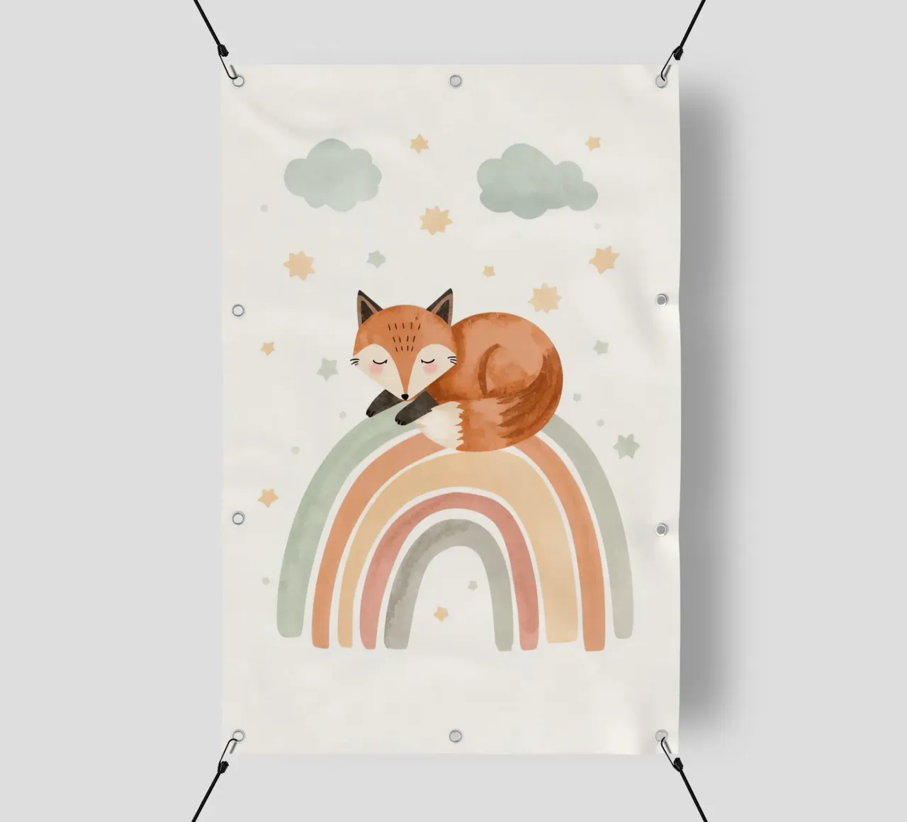 Volpe addormentata sull'arcobaleno con nuvole e stelle telo in pvc da DesignDoodle