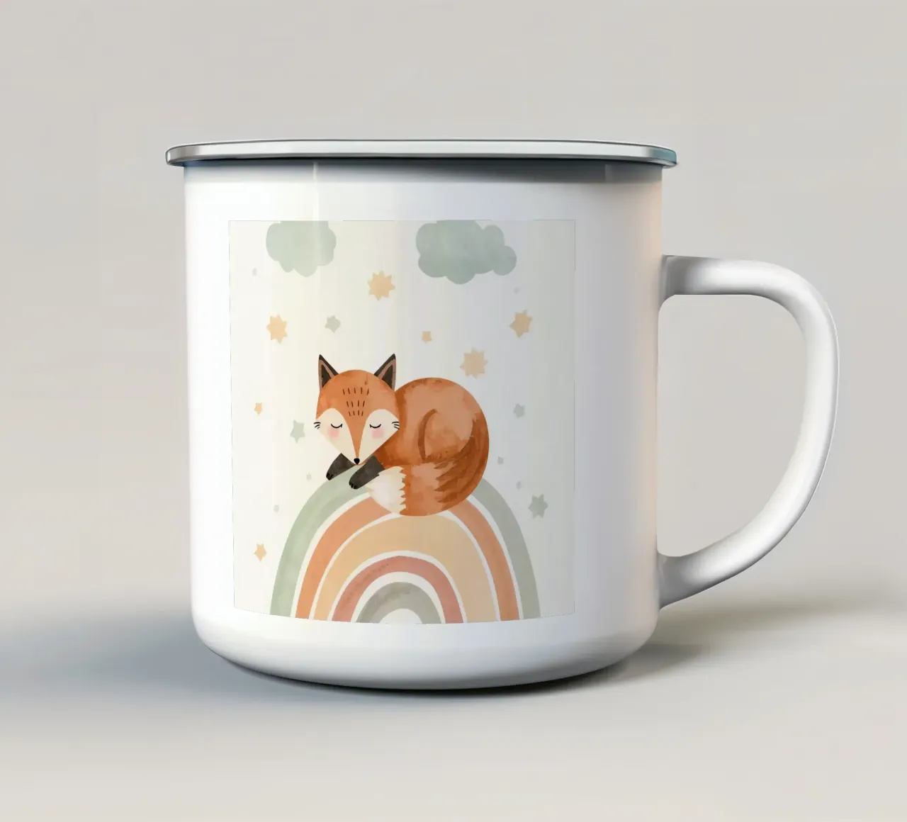 Volpe addormentata sull'arcobaleno con nuvole e stelle tazza in smalto da DesignDoodle