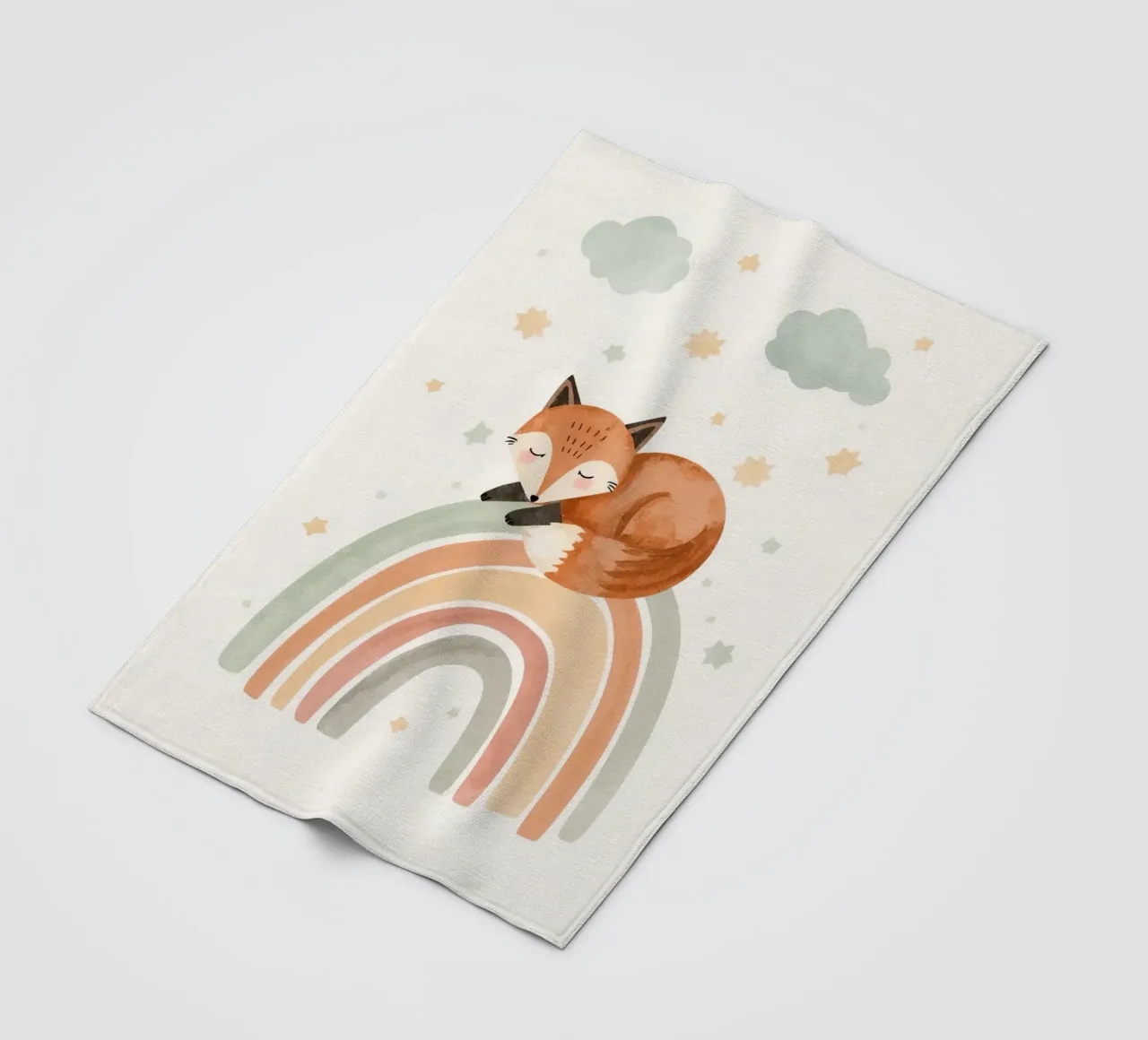 Volpe addormentata sull'arcobaleno con nuvole e stelle coperta in pile da DesignDoodle