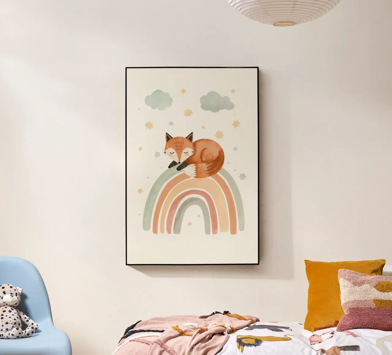 Volpe addormentata sull'arcobaleno con nuvole e stelle plexiglass da DesignDoodle