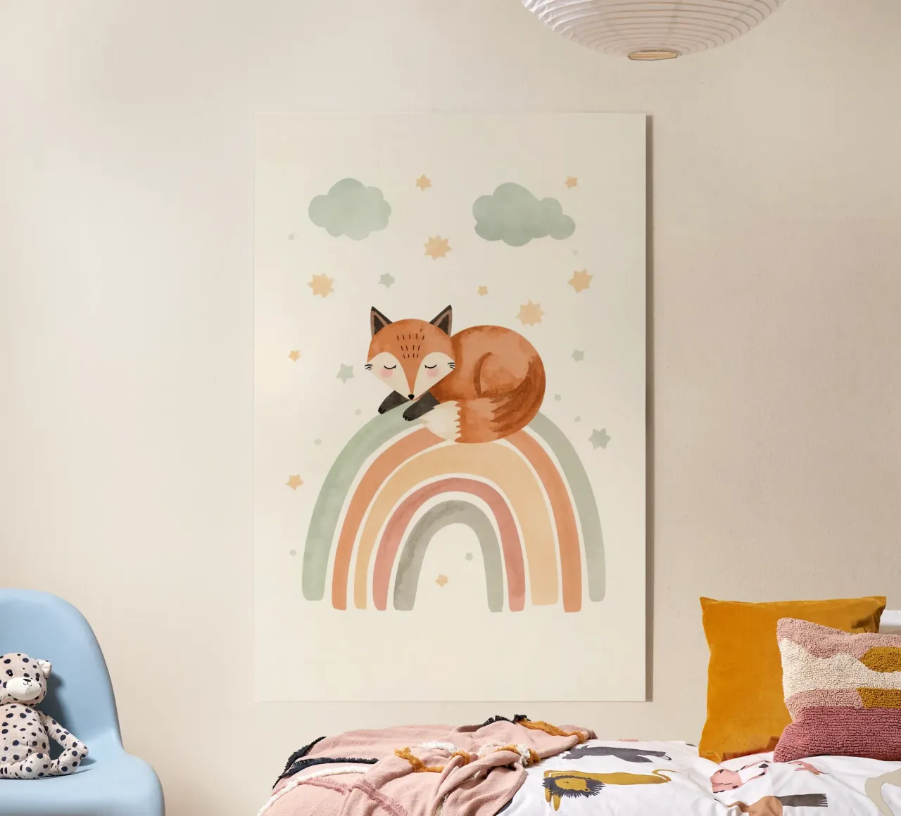 Volpe addormentata sull'arcobaleno con nuvole e stelle plexiglass da DesignDoodle