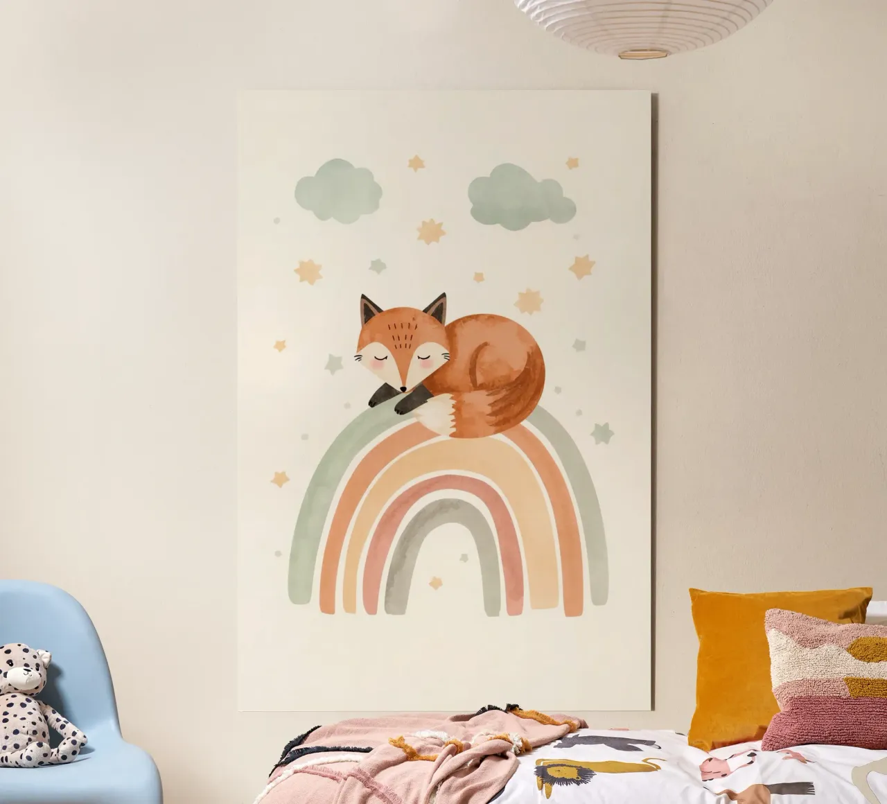 Volpe addormentata sull'arcobaleno con nuvole e stelle alluminio dibond da DesignDoodle