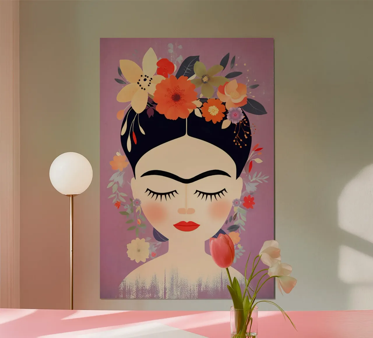 Fleuri Délicatement rose Frida poster avec cadre en bois de Carinaprint