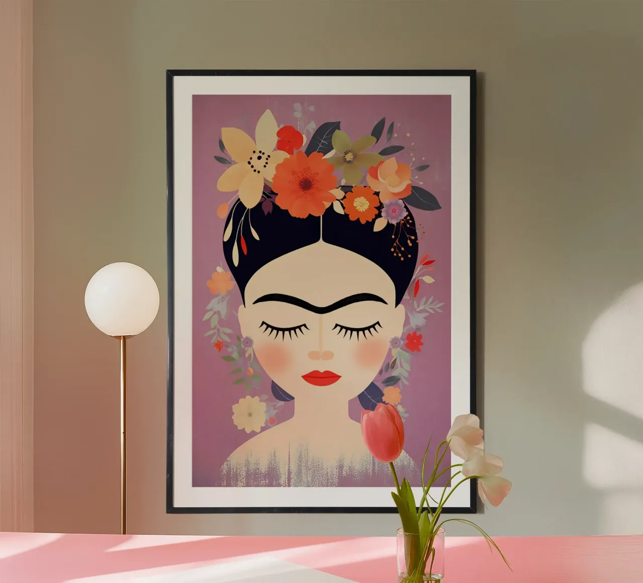 Fleuri Délicatement rose Frida poster avec cadre en bois de Carinaprint