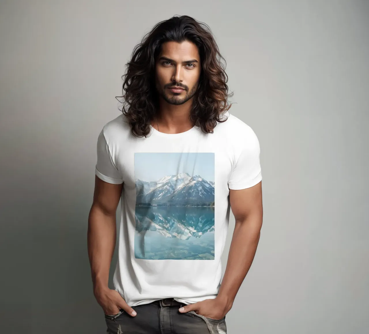 Snow-capped Mountains Reflected in a Calm Lake with Forested t-shirt by DesignDoodle