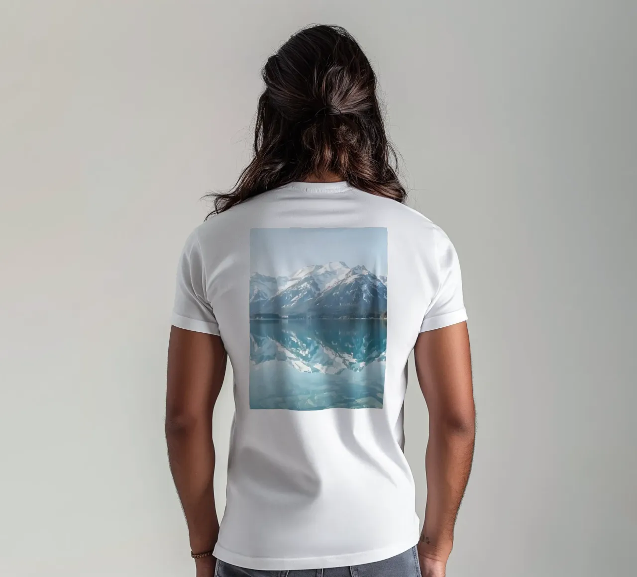 Snow-capped Mountains Reflected in a Calm Lake with Forested t-shirt by DesignDoodle