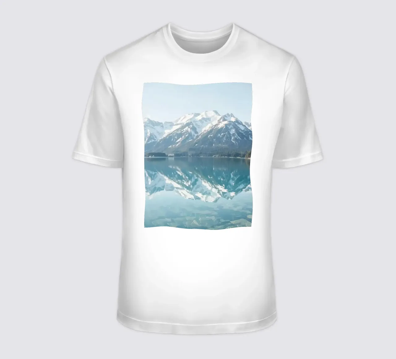Snow-capped Mountains Reflected in a Calm Lake with Forested t-shirt by DesignDoodle